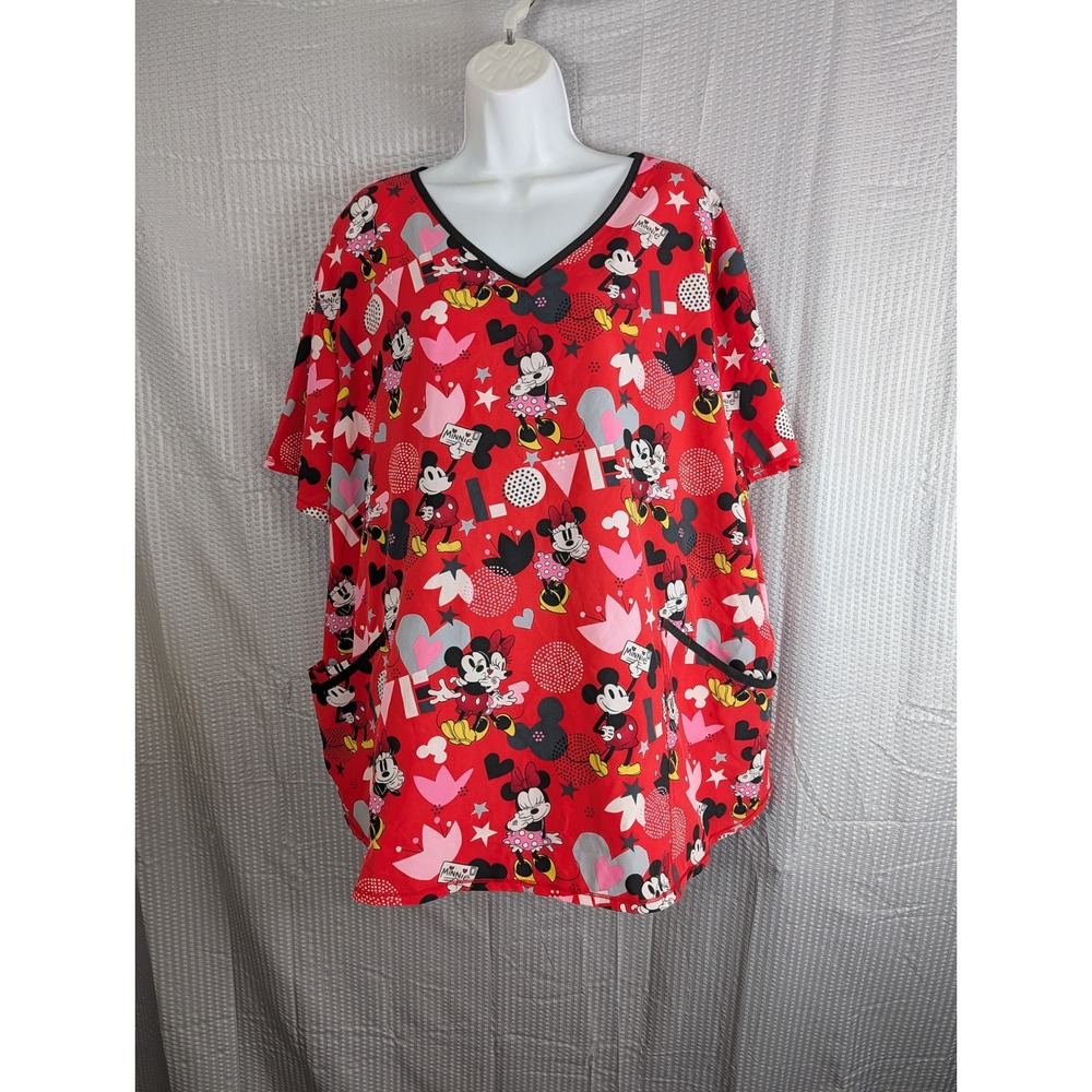 Disney Scrub Top‎ Womens 3XL Mickey Minnie Love Valentine Red V-Neck Pockets